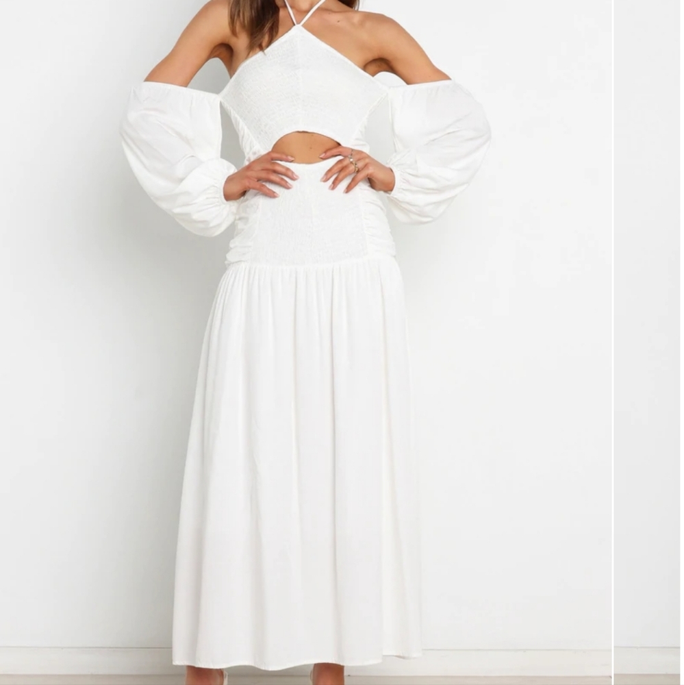 Petal & Pup White Ceece Smocked Cold Shoulder Halter Tie Back Midi Dress 8US